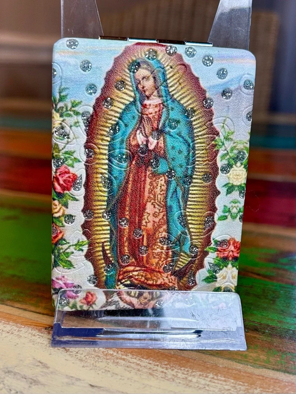 Our Lady of Guadalupe Crystal Rhinestone Double Compact Makeup Mirror